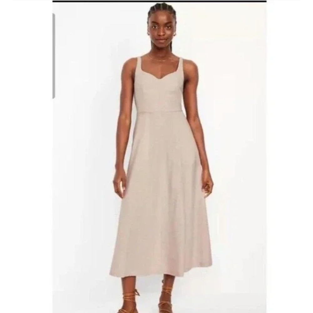 Old Navy Womens Sleeveless Linen Midi Dress XXL Beige Smocked Breathable Summer